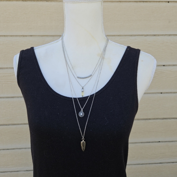 silver tone layered necklace boho feather rhinestone - Picture 1 of 5